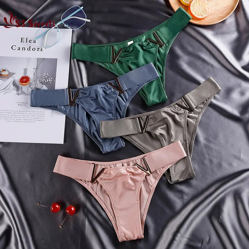 1PC Sexy Ice Silk Thongs Women Ladies Low-Rise G-string Panties Lingerie Metal Style T-Back Underwear Bikini Seamless Underpants