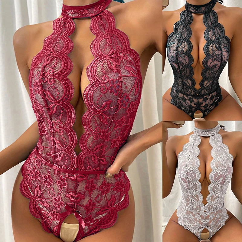 New Sexy Women Halter Sleeveless Hollow Out Lace Babydoll Lace Up Lingeries Underwear Robe Teddy Jumpsuits Bodysuits Robes