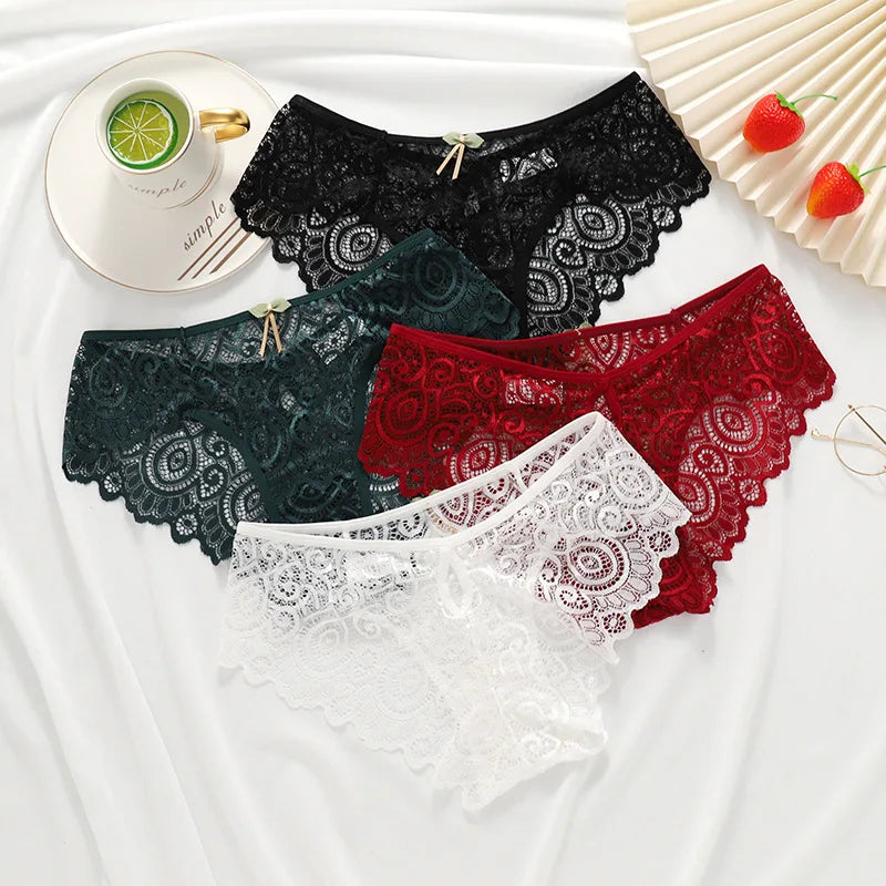 Ladies' Sexy Transparent Bow T-pants  Back Waterdrop Hollow Out Design Charming Panties Women's Mid-rise Full Lace Briefs