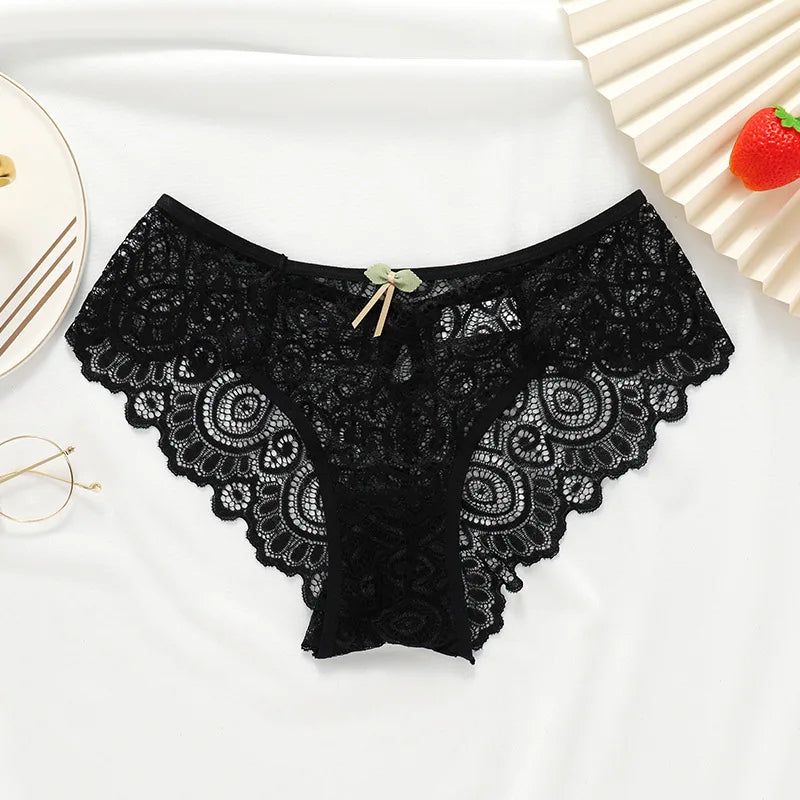 Ladies' Sexy Transparent Bow T-pants  Back Waterdrop Hollow Out Design Charming Panties Women's Mid-rise Full Lace Briefs